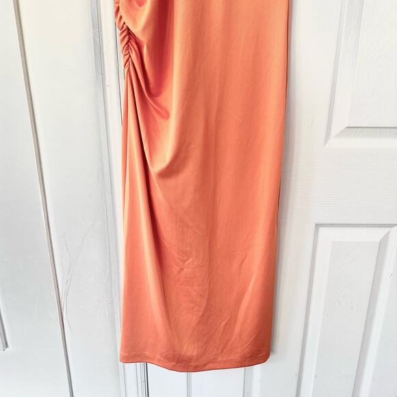 Evereve Zoe Strong Shoulder Ruched Midi Minimalist Slip Dress Orange Sorbet S - Picture 4 of 12